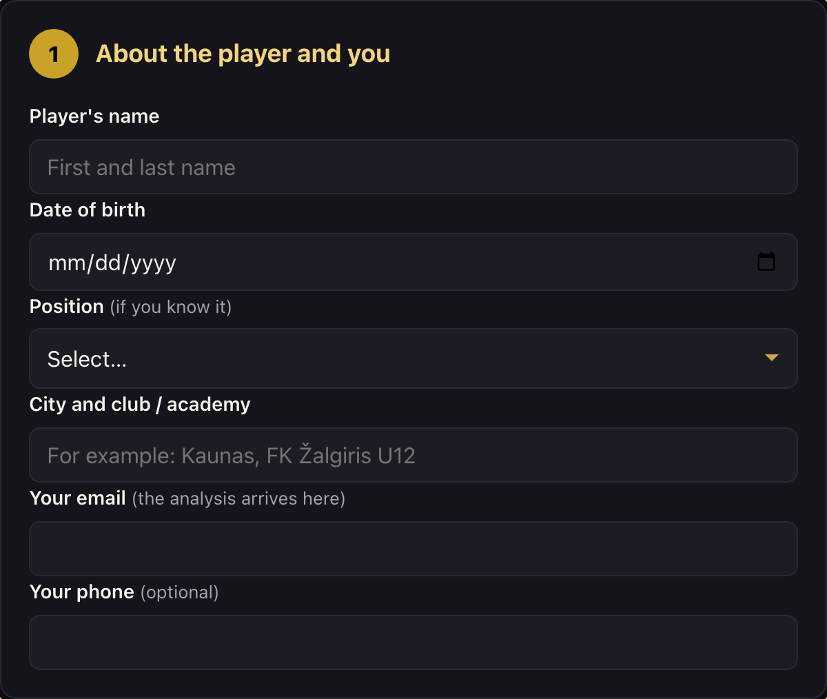 Step 1 of the form “About the player”: the request fields are circled.