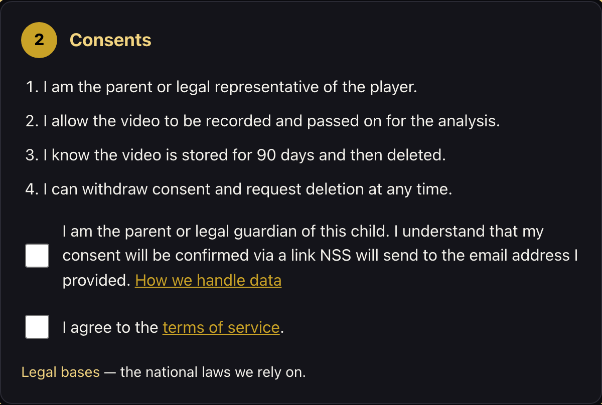 Step 2 of the form “Consents”: the two consent checkboxes are circled.